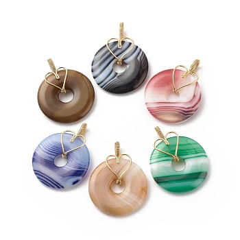 Natural Striped Agate/Banded Agate Pendants, with Real 18K Gold Plated Eco-Friendly Copper Wire Wrapped, Dyed, Donut/Pi Disc Charm with Heart, Mixed Color, 37.5~40x29.5x4mm, Hole: 3x6.5mm