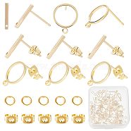 60Pcs 2 Styles Ring & Rectangle Shape Brass Stud Earring Findings, with Horizontal Loops & 60Pcs Friction Ear Nuts & 60Pcs Open Jump Rings, Real 18K Gold Plated, 12.5x1.2~10mm, Hole: 0.8~1.4mm, Pin: 0.7mm, 30Pcs/style(DIY-CN0002-59)