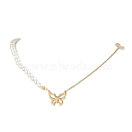 Bowknot Alloy Shell Pearl Beaded Necklaces, 304 Stainless Steel Butterfly Pendant Necklaces for Women, Golden, 17.52 inch(44.5cm)(NJEW-JN04819)