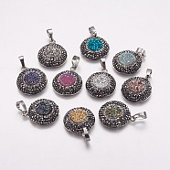 Brass Rhinestone Pendants, with Resin, Flat Round, Mixed Color, 23.5x20x5.5~6mm, Hole: 5x8mm(ZIRC-F071-02)