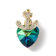 Real 18K Gold Plated Rack Plating Brass Micro Pave Clear Cubic Zirconia Pendants, with Glass, Long-Lasting Plated, Cadmium Free & Lead Free, Boat Anchor & Heart Charm, Dark Cyan, 20x12x9mm, Hole: 6x2.5mm(KK-C015-07G-02)