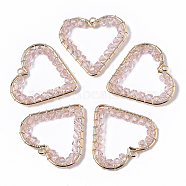 Glass Pendants, Wire Wrapped Pendants, with Real 18K Gold Plated Brass Wires and Open Back Bezel Pendants, Nickel Free, Heart, Pink, 28x30x3mm, Hole: 1.8mm(KK-S354-008A-NF)