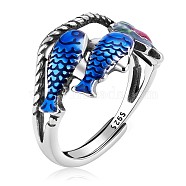 Double Lucky Koi Fish with Lotus Rhodium Plated 925 Sterling Silver Adjustable Ring with Eanmel for Women, Colorful, US Size 7 1/4(17.5mm)(JR928A)