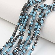 Electroplate Opaque Glass Beads Strands, Half Black Plated, Faceted, Rondelle, Light Sky Blue, 4x3mm, Hole: 0.4mm, about 123~127pcs/strand, 16.5~16.9 inch(42~43cm)(EGLA-A034-P4mm-P13)