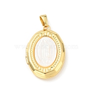 Rack Plating Brass Locket Pendants, with Shell, Oval with Virgin Mary, Cadmium Free & Nickel Free & Lead Free, Real 18K Gold Plated, 24x16x6mm, Hole: 4.5x3mm, Inner Diameter: 14x10mm(KK-C242-03G)
