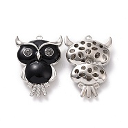 Alloy Enamel Pendant with Crystal Rhinestone, Owl Charms, Platinum, 46x33x12.5mm, Hole: 2.5mm(FIND-H041-19P)