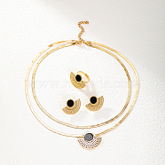 Fan Shape Golden Stainless Steel Jewelry Set, Stud Earrings & Adjustable Ring & Herringbone Chains Double Layer Necklace, Black, 450mm, Inner Diameter: 16~18mm, 20x26mm(VT9934-1)