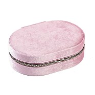 Italian Velvet Double Layers Jewelry Set Storage Zipper Boxes, Oval Jewelry Organizer Case for Earrings, Rings, Bracelets, Pearl Pink, 15x10.5x4cm(CON-G023-10A)