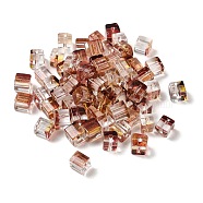 Two Tone Transparent Glass Beads, Cube, Camel, 6x6x7mm, Hole: 1.4mm, about 500pcs/bag(GLAA-NH0001-03C)