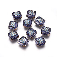 Alloy Enamel Beads, Rhombus with Flower, Golden, Blue, 11.5x12x5mm, Hole: 1.2mm, Side Length: 10mm(ENAM-G156-02G)
