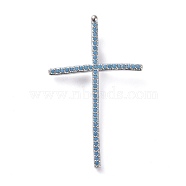 Brass Micro Pave Cubic Zirconia Pendants, Cross, Sky Blue, Platinum, 37x22.5x2mm, Hole: 1.5x4mm(ZIRC-G157-16P-03)