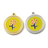 304 Stainless Steel Pendants, with Enamel, Flat Round with Flower Charm, Real 14K Gold Plated, 16x14x1.5mm, Hole: 1.2mm(STAS-L022-177G)