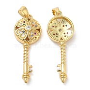 Brass Micro Pave Cubic Zirconia Pendants, Lead Free & Cadmium Free, Skeleton Key with Clover Charms, Real 18K Gold Plated, 35.5x13x5mm, Hole: 5.5x3mm(KK-M249-01G)