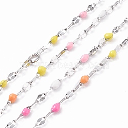 304 Stainless Steel Dapped Flat Oval Link Chains, Cable Chains, with Colorful Enamel and Spool, Soldered, Stainless Steel Color, 4~10x2x0.4~2mm, about 32.81 Feet(10m)/Roll(CHS-F002-B11-P)
