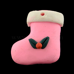 Handmade Polymer Clay Pendants, Christmas Shoes, Pink, 21mm long, 20mm wide, 9mm thick, hole: 1.5mm(FM165Y-5)