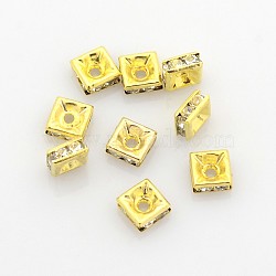 Brass Rhinestone Spacer Beads, Grade A, Square, Nickel Free, White, Golden Metal Color,Size: about 5mmx5mmx2.5mm, hole: 1mm(X-RSB071NF-01G)