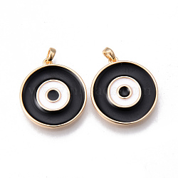 Brass Enamel Pendants, Nickel Free, Flat Round with Evil Eye, Real 18K Gold Plated, Black, 19.5x17.5x2mm, Hole: 2x3mm(KK-N232-198-NF)