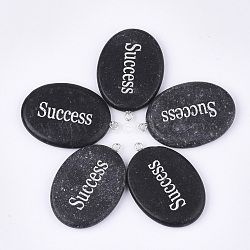 Natural Black Stone Pendants, with Iron Findings, Oval with Word Success, Platinum, 43~44x29~30x5~6mm, Hole: 2mm(G-S344-90A)