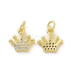 Brass Micro Pave Clear Cubic Zirconia Charms, with Jump Ring, Crown Charm, Real 18K Gold Plated, 11x11x2mm, Hole: 3.2mm(KK-E068-VF072)