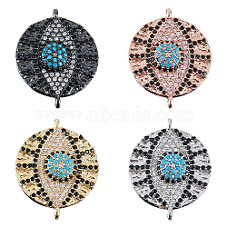 Nbeads 4Pcs 4 colors Brass Micro Pave Cubic Zirconia Links/Connectors, Flat Round with Evil Eye, Colorful, Mixed Color, 18x22.5x3.5mm, Hole: 1.2mm, 1pc/color(ZIRC-NB0001-57)