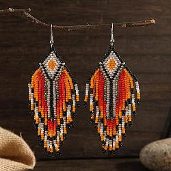 Bohemian Style Tassel Dangle Earrings, with Geometric Glass Beads for Women, Orange, 103x37mm(GU6735)