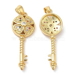 Brass Micro Pave Cubic Zirconia Pendants, Lead Free & Cadmium Free, Skeleton Key with Clover Charms, Real 18K Gold Plated, 35.5x13x5mm, Hole: 5.5x3mm(KK-M249-01G)