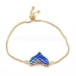 Mermaid Fishtail Resin Link Slider Bracelet, Dainty Animal Brass Bracelet for Girl Women, Golden, Blue, Link: 19.5x11x4mm, Inner Diameter: 3/8~2-7/8 inch(1~7.2cm)(BJEW-C006-01A-01)