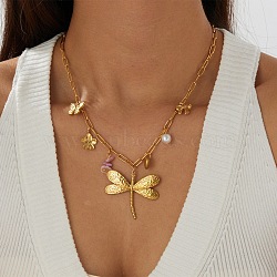 304 Stainless Steel Dragonfly Flower Bowknot Pendant Necklaces for Women, with Plastic Imitation Pearl and Resin, Golden, 17.60 inch(44.7cm)(SA-CBA364C-02G)