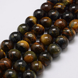 Natural Yellow Blue Tiger Eye Bead Strands, Grade AB, Round, 10mm, Hole: 1.2mm, about 38pcs/strand, 14.9 inch~15.5 inch(X-G-P230-07-10mm)