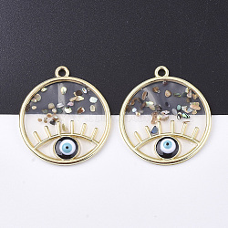 Epoxy Resin Pendants, with Shell, Alloy Findings and Enamel, Flat Round with Eye, Golden, Black, 39x34x4mm, Hole: 2.5mm(RESI-S365-76A)