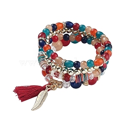 Multi-layered Stretch Bracelets Sets, Stackable Bracelets, with Acrylic Beads, Golden Plated Alloy Findings and Yarn Tassel Pendants, Colorful, Inner Diameter: 1-7/8~2-1/8 inch(4.9~5.4cm), 4pcs/set(BJEW-SZ0001-010B)