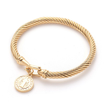 304 Stainless Steel Charm Bangles, Flat Round with Saint Benedict , Golden, 2-1/4 inch(5.65cm), Charm: 17x14x2.5mm