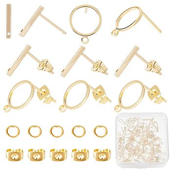 60Pcs 2 Styles Ring & Rectangle Shape Brass Stud Earring Findings, with Horizontal Loops & 60Pcs Friction Ear Nuts & 60Pcs Open Jump Rings, Real 18K Gold Plated, 12.5x1.2~10mm, Hole: 0.8~1.4mm, Pin: 0.7mm, 30Pcs/style
