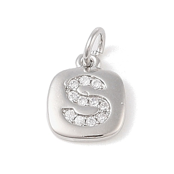 Rack Plating Brass Micro Pave CLear Cubic Zirconia Charms, with Jump Rings, Cadmium Free & Lead Free, Long-Lasting Plated, Platinum, Letter S, 11.5x9x1.5mm, Hole: 2.8mm