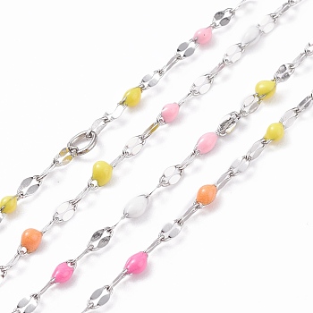 304 Stainless Steel Dapped Flat Oval Link Chains, Cable Chains, with Colorful Enamel and Spool, Soldered, Stainless Steel Color, 4~10x2x0.4~2mm, about 32.81 Feet(10m)/Roll
