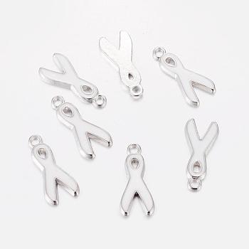 Alloy Enamel Pendants, Lead Free and Cadmium Free, Awareness Ribbon, Platinum Metal Color, White, 19x8x1mm, Hole: 2mm