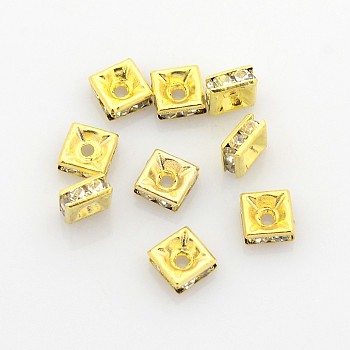 Brass Rhinestone Spacer Beads, Grade A, Square, Nickel Free, White, Golden Metal Color,Size: about 5mmx5mmx2.5mm, hole: 1mm