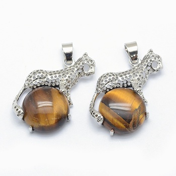 Natural Tiger Eye Pendants, with Alloy Findings, Leopard, Platinum, 33.5x20x7mm, Hole: 4x6mm