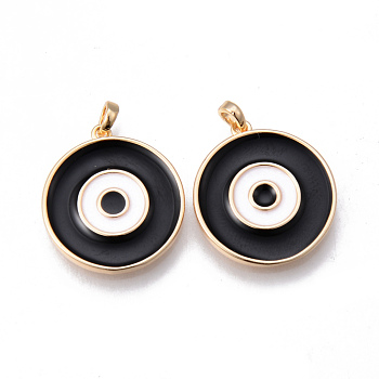 Brass Enamel Pendants, Nickel Free, Flat Round with Evil Eye, Real 18K Gold Plated, Black, 19.5x17.5x2mm, Hole: 2x3mm