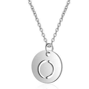201 Stainless Steel Initial Pendants Necklaces, with Cable Chains, Flat Round with Letter, Stainless Steel Color, Letter.O, 16.3 inch(40cm), 1mm