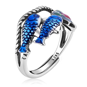 Double Lucky Koi Fish with Lotus Rhodium Plated 925 Sterling Silver Adjustable Ring with Eanmel for Women, Colorful, US Size 7 1/4(17.5mm)