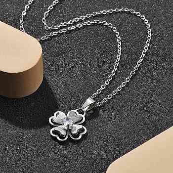 304 Stainless Steel Crystal Rhinestone Clover Pendant Necklaces for Women, Stainless Steel Color, 25.71 inch(65.3cm)