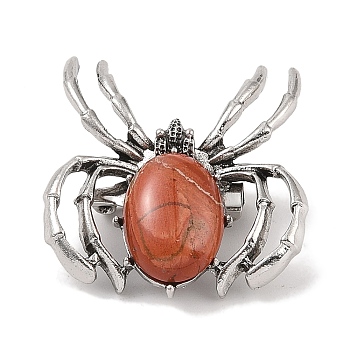 Natural Red Jasper Brooches, with Alloy Findings, Spider, Antique Silver, 37x34x8mm