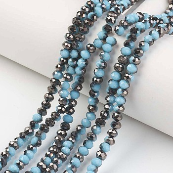 Electroplate Opaque Glass Beads Strands, Half Black Plated, Faceted, Rondelle, Light Sky Blue, 4x3mm, Hole: 0.4mm, about 123~127pcs/strand, 16.5~16.9 inch(42~43cm)