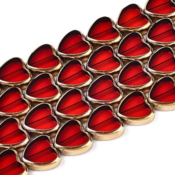 Electroplate Glass Beads Strands, Heart, with Golden Tone Brass Edge, Red, 13~13.5x14x4~4.5mm, Hole: 0.8~0.9mm, about 22pcs/strand, 11.02''(28cm)