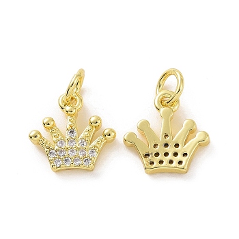 Brass Micro Pave Clear Cubic Zirconia Charms, with Jump Ring, Crown Charm, Real 18K Gold Plated, 11x11x2mm, Hole: 3.2mm