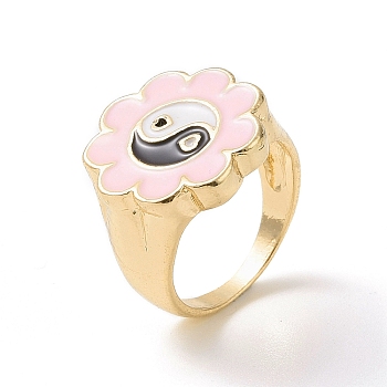 Enamel Flower with Yin Yang Finger Rings, Light Gold Alloy Signet Ring for Women, Misty Rose, US Size 7 3/4(17.9mm)