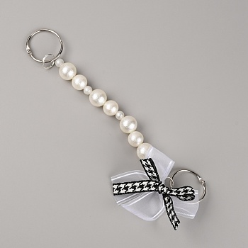 Steel Wire with Imitation Pearl Chain Strap, with Alloy Ring Clasps, Ribbon Bowknot Shoes Decorate, Platinum, 230mm
