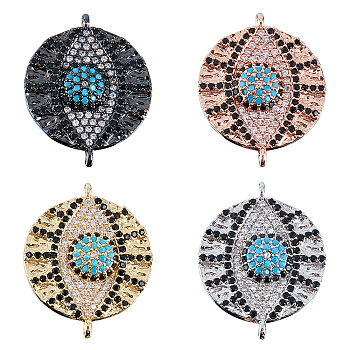 Nbeads 4Pcs 4 colors Brass Micro Pave Cubic Zirconia Links/Connectors, Flat Round with Evil Eye, Colorful, Mixed Color, 18x22.5x3.5mm, Hole: 1.2mm, 1pc/color