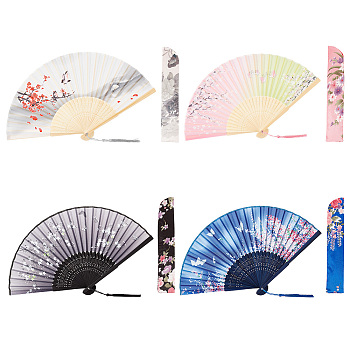 4Pcs Bamboo with Cloth Folding Fan, with 4Pcs Rectangle Satin Chinese Fan Storage Bags, for Party Wedding Dancing Decoration, Mixed Color, 211x30x11.5mm